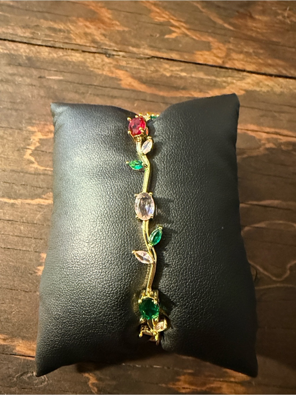 Gold Plated Dainty Floral Enamel Pink and Green Garden Bangle Bracelet